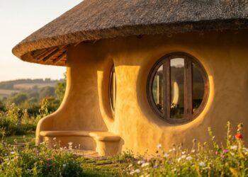 Casa de cob com paredes curvas e orgânicas sob a luz do pôr do sol
