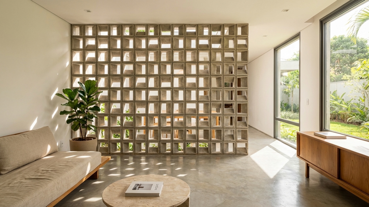 Esqueça as paredes fechadas, pois as divisórias de cobogó de concreto trazem ventilação natural com o charme do design vazado brasileiro
