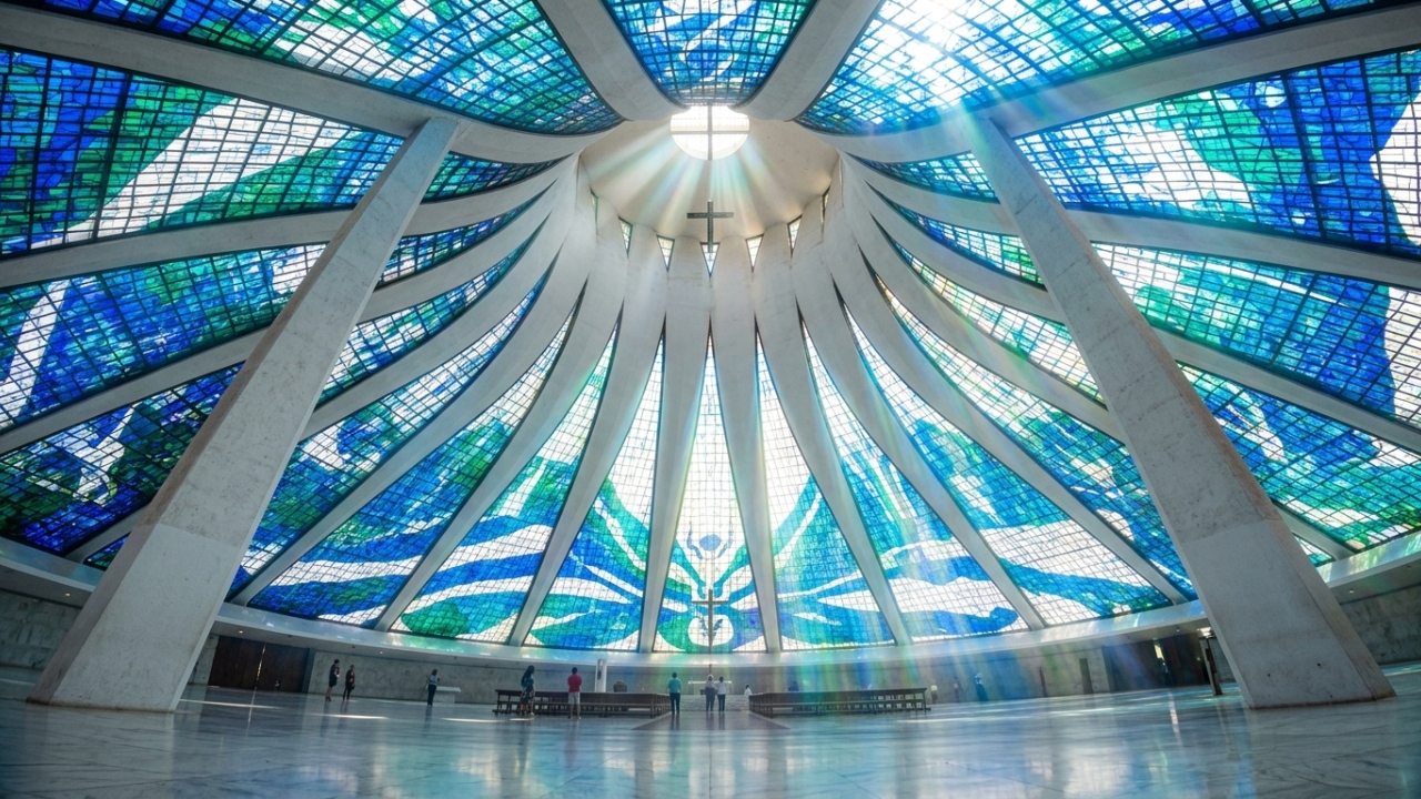 Com 16 colunas de concreto de 90 toneladas cada, a igreja futurista brasileira que esconde um túnel escuro na entrada para causar impacto psicológico