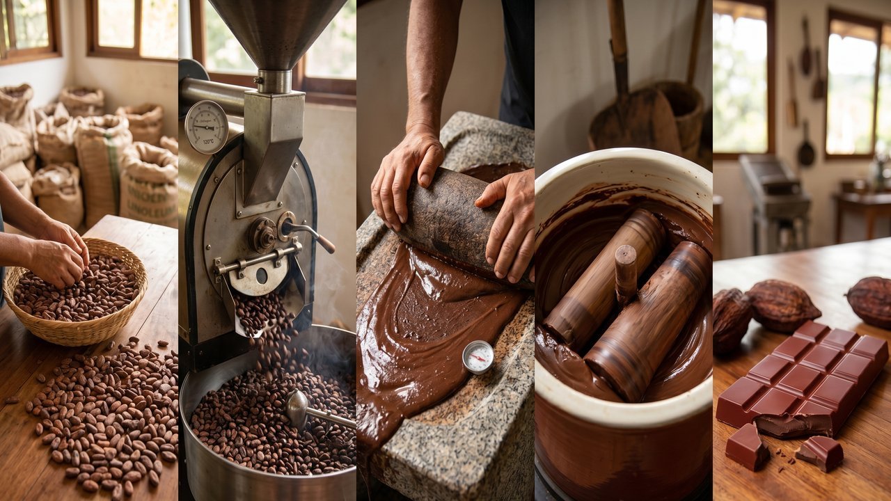 Com torrefação exata a 120°C e moagem de pedra, o cacau bruto surge como a barra de chocolate perfeita após dias de processo