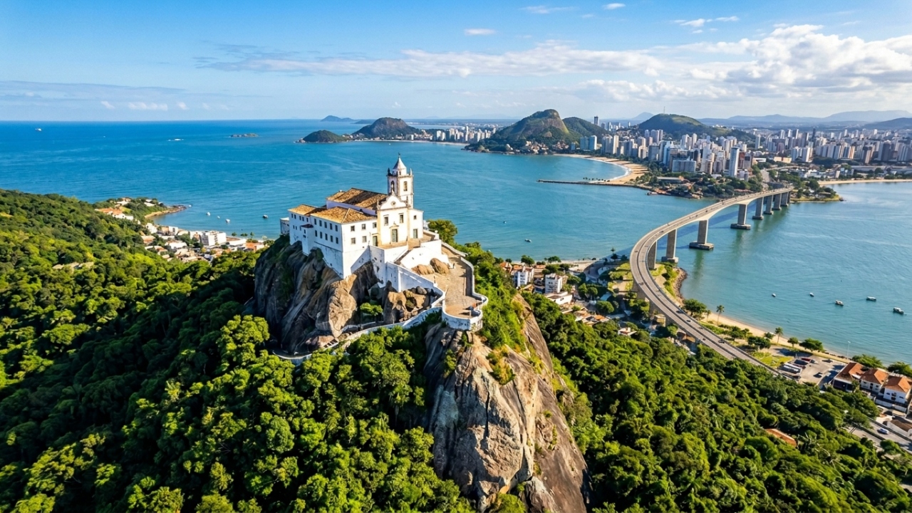 Com sua capela situada no topo de um rochedo de 154 metros, o santuário de 1558 tornou-se o maior ícone religioso e cartão-postal de Vila Velha