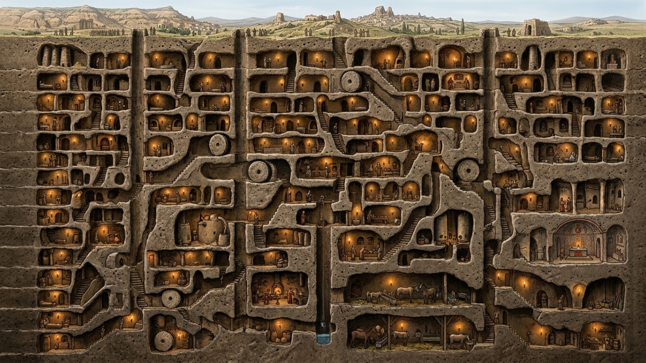 Abrigando 20 mil pessoas em 18 níveis subterrâneos, a cidade turca de 85 metros de profundidade funcionava como um bunker há 1.200 anos