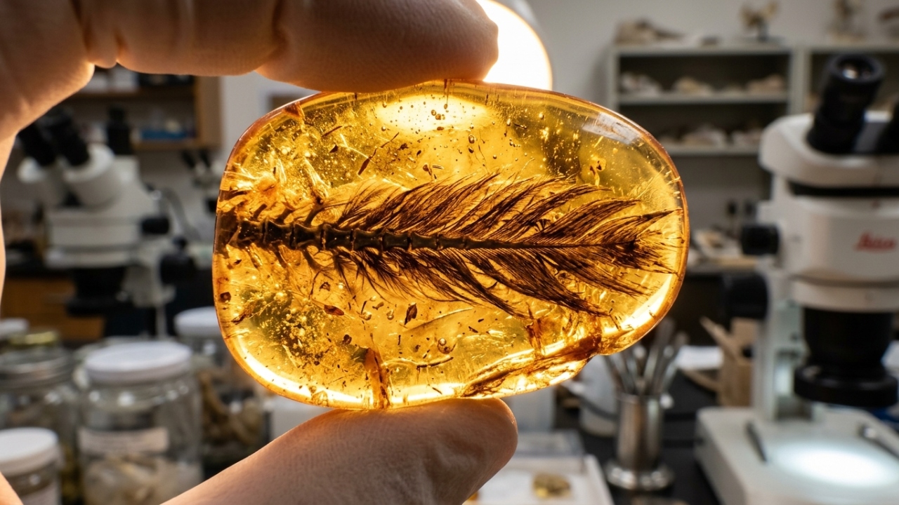 Preservado em uma pedra de âmbar de 99 milhões de anos, um filhote de dinossauro com penas perfeitamente intactas revela detalhes que os fósseis comuns nunca conseguiram mostrar