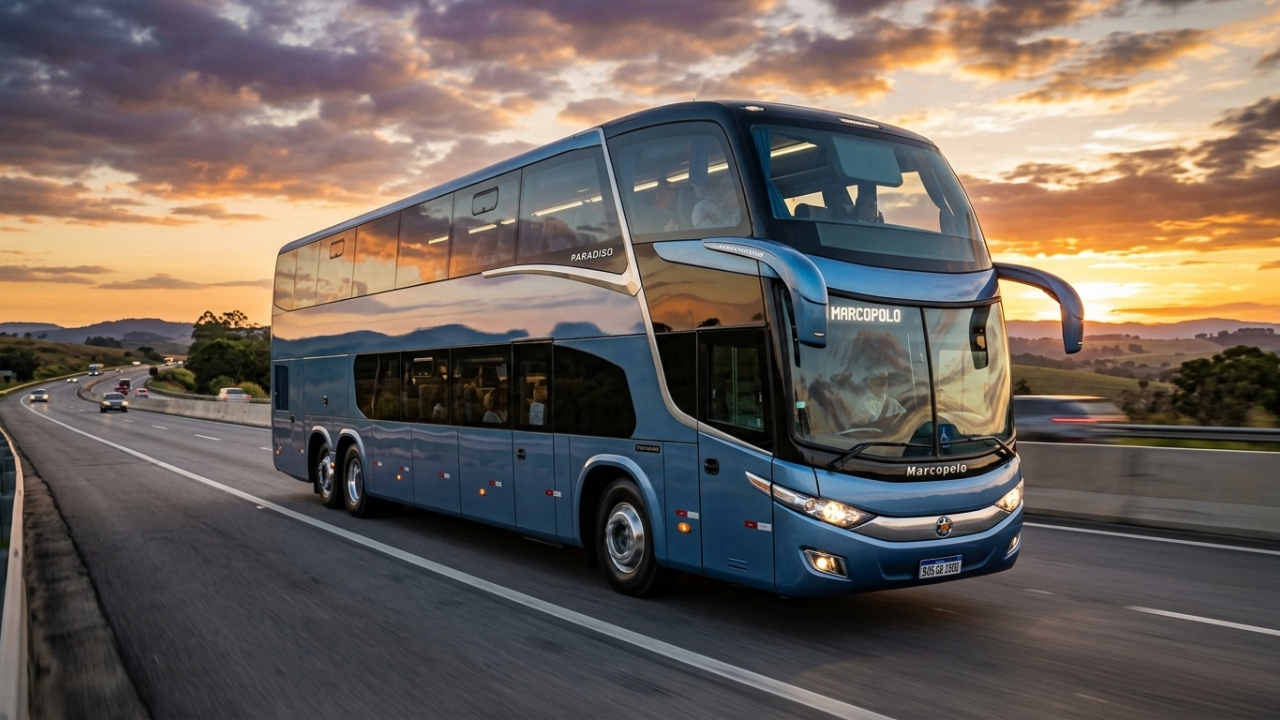 Com poltronas que inclinam 180 graus e sistema de massagem individual, o novo ônibus de dois andares com 14 metros de comprimento redefine o conceito de luxo nas estradas este ano