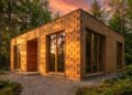 Casa moderna de blocos de madeira sob a luz dourada da floresta