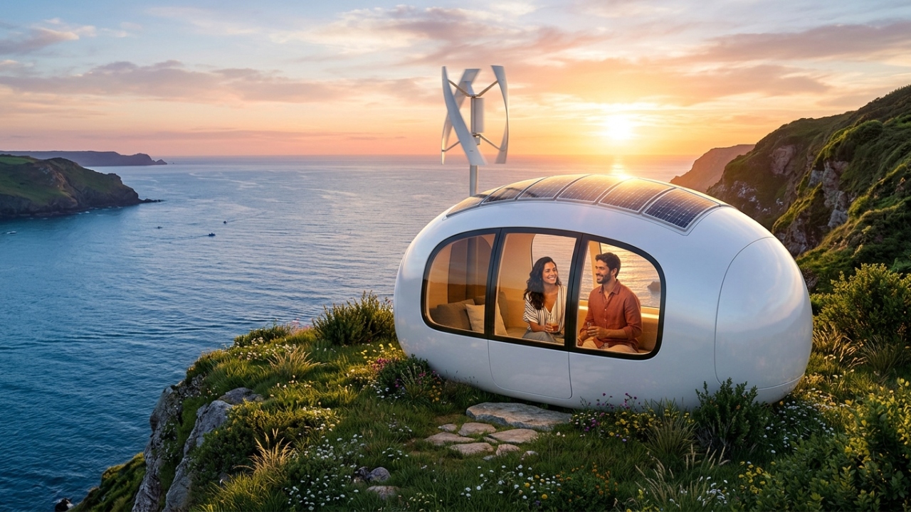 Com formato de ovo e turbina eólica retrátil, a micro-casa de fibra de vidro tornou-se a maior referência de moradia nômade e 100% off-grid