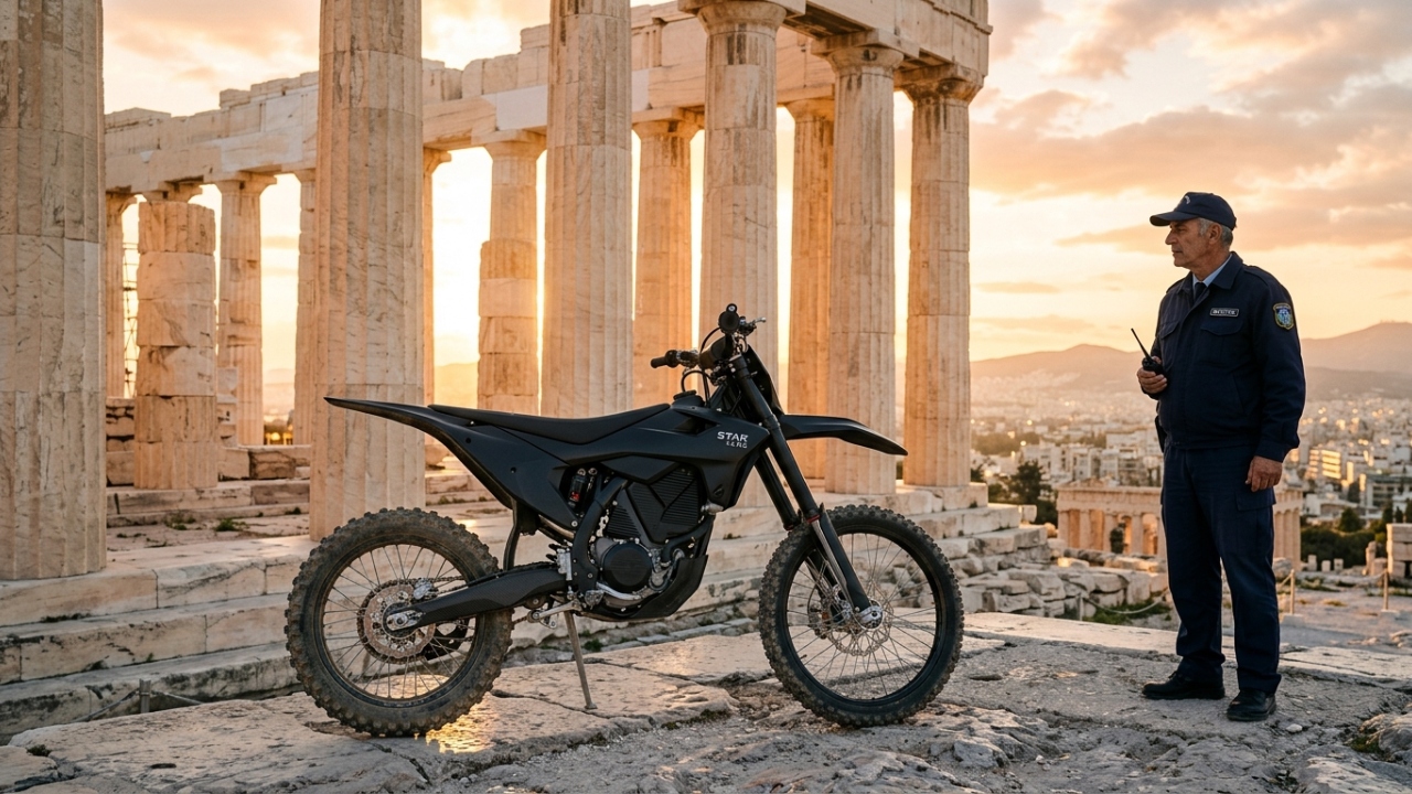 Moto de motocross com motor elétrico e torque imediato é utilizada para patrulhar ruínas sagradas sem causar poluição sonora ou danos