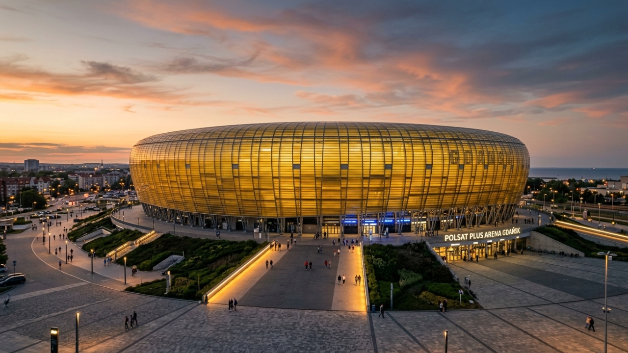 Com 41.620 assentos e fachada que imita o âmbar polonês, a arena moderna virou o maior palco de esportes do norte da Polônia