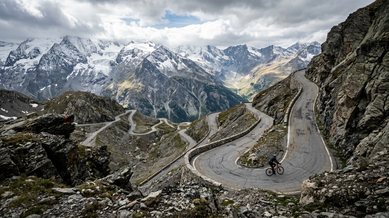 Com 2.621 metros de altura, a passagem de Gavia nos Alpes italianos surge como um dos trajetos asfaltados mais íngremes de toda a Europa