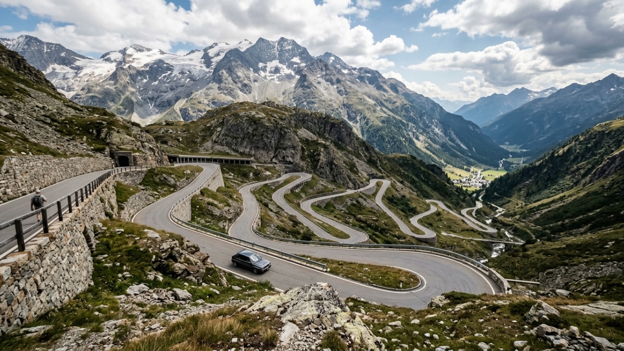 Com 2.113 metros de altitude, a rodovia que liga Suíça e Itália surge como um trajeto histórico de 72 curvas através dos Alpes