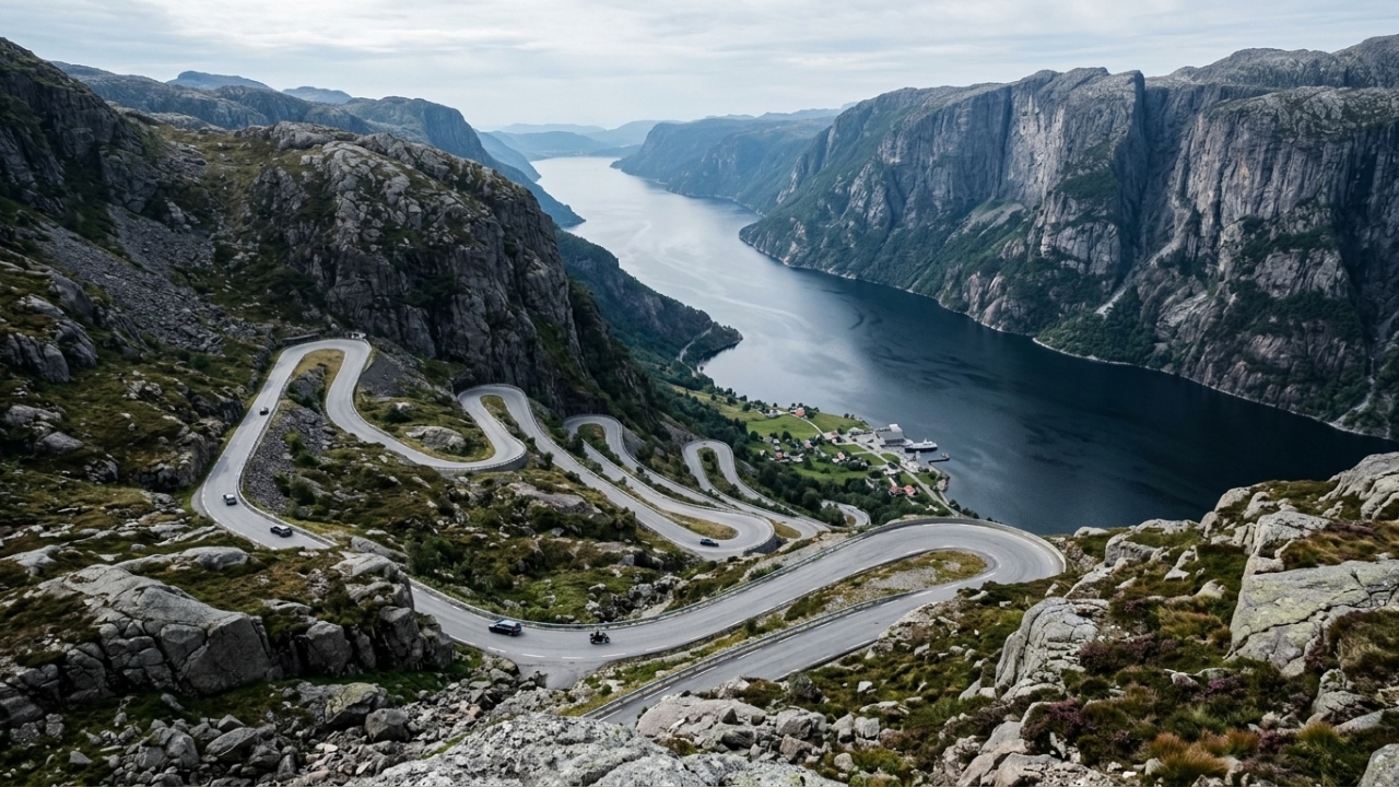 Com 27 curvas fechadas em descida íngreme, a rodovia na Noruega surge como um desafio de engenharia que leva direto ao fiorde de Lyse