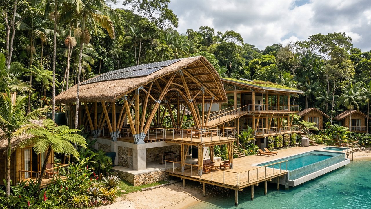 Com varas de bambu tratadas e resistência comparada ao aço, a arquitetura com bambu Guadua surge como uma solução sustentável para grandes vãos