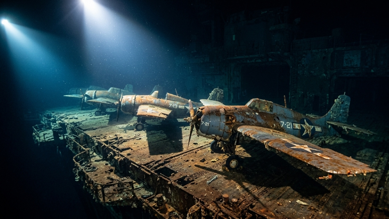 Submersível localiza porta-aviões afundado a 4.000 metros de profundidade e envia imagens de aviões intactos que repousam no oceano Pacífico