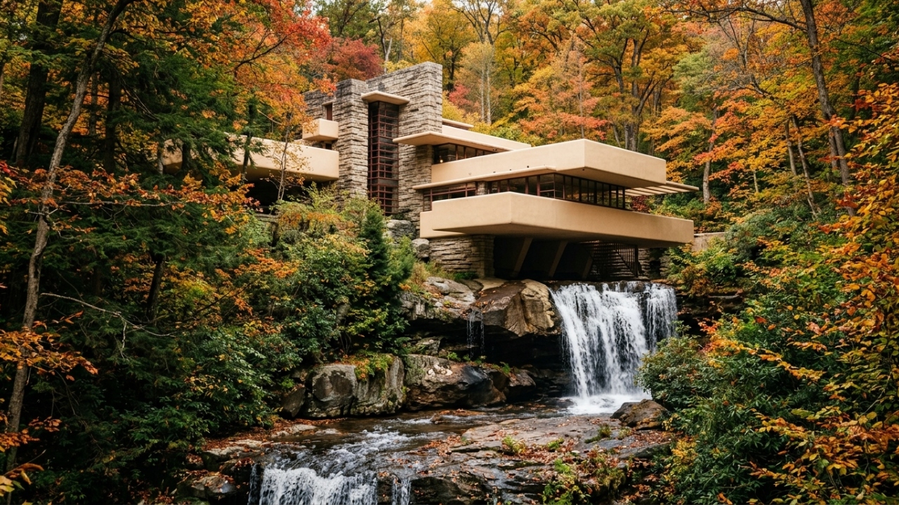 Com terraços suspensos sobre uma cachoeira ativa na Pensilvânia, a casa Fallingwater de 1935 virou o maior ícone da arquitetura orgânica mundial