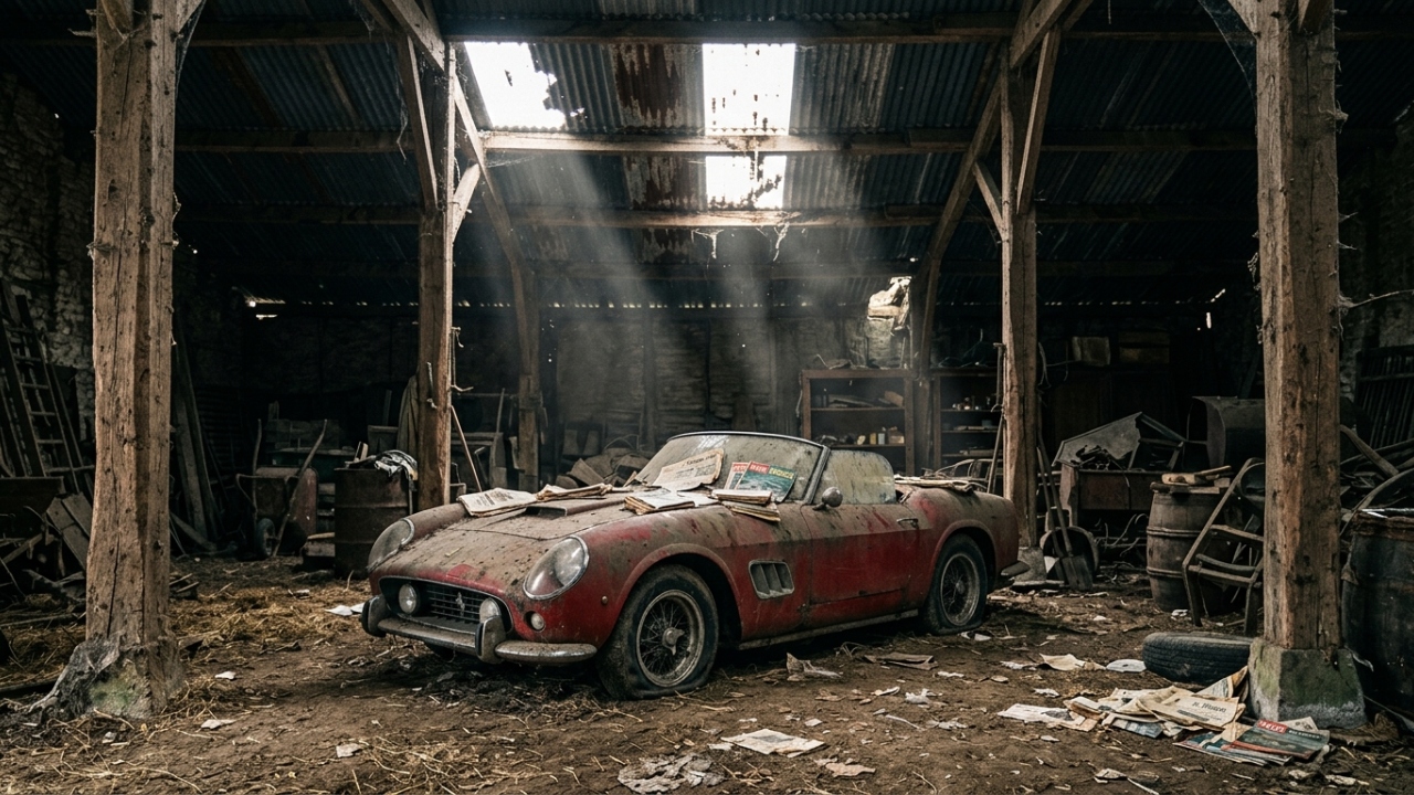 Esquecidos em um castelo na França por mais de 50 anos, 60 carros clássicos raros avaliados em 15 milhões de euros foram encontrados cobertos por jornais antigos e poeira