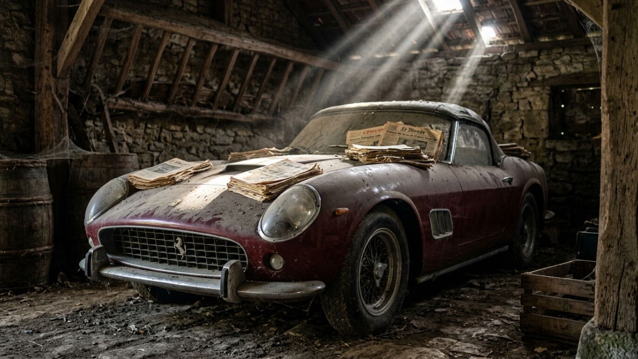 Esquecidos em um castelo na França por mais de 50 anos, 60 carros clássicos raros avaliados em 15 milhões de euros foram encontrados cobertos por jornais antigos e poeira