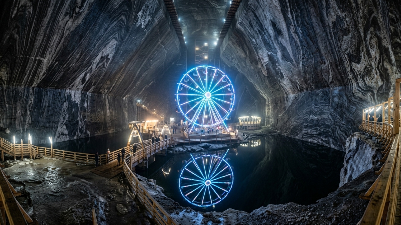 Com roda-gigante e lago para barcos a 120 metros de profundidade, uma antiga mina de sal abandonada foi transformada no parque de diversões mais exótico do mundo