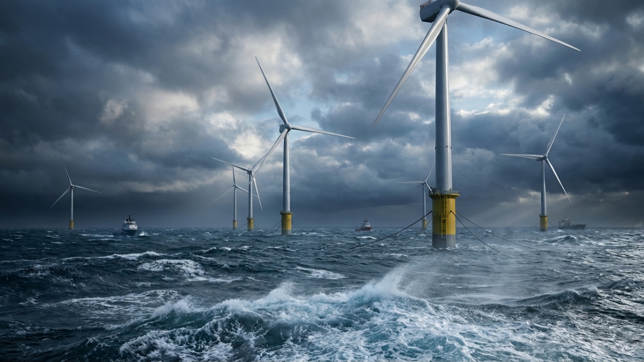 A monumental torre eólica flutuante instalada no mar revolto que fornece energia limpa direto para petroleiras
