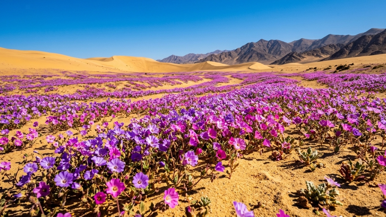 Esqueça os jardins comuns, pois este deserto árido de 105.000 quilômetros quadrados explode em milhares de flores após uma chuva, sendo o maior milagre botânico