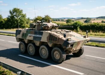 O gigante francês de 8 rodas e 29 toneladas atinge mais de 100 km por hora no asfalto substituindo as esteiras pesadas por pneus projetados para rodar até mesmo totalmente furados