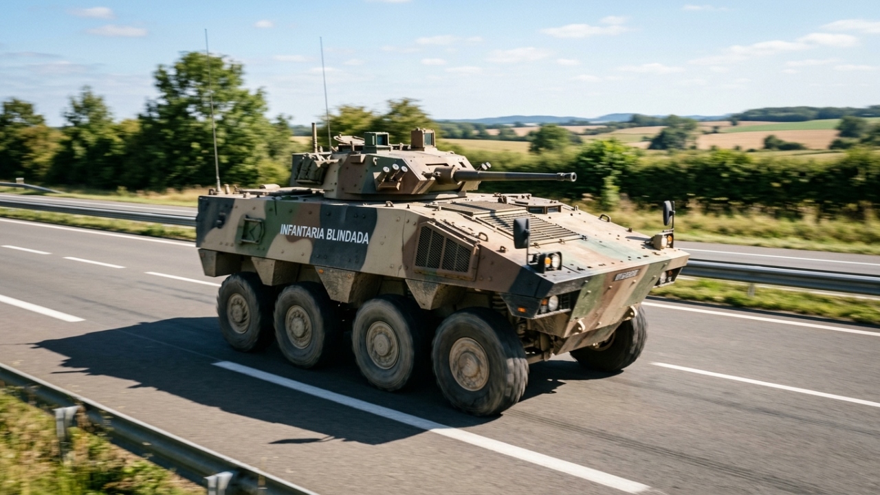 O gigante francês de 8 rodas e 29 toneladas atinge mais de 100 km por hora no asfalto substituindo as esteiras pesadas por pneus projetados para rodar até mesmo totalmente furados