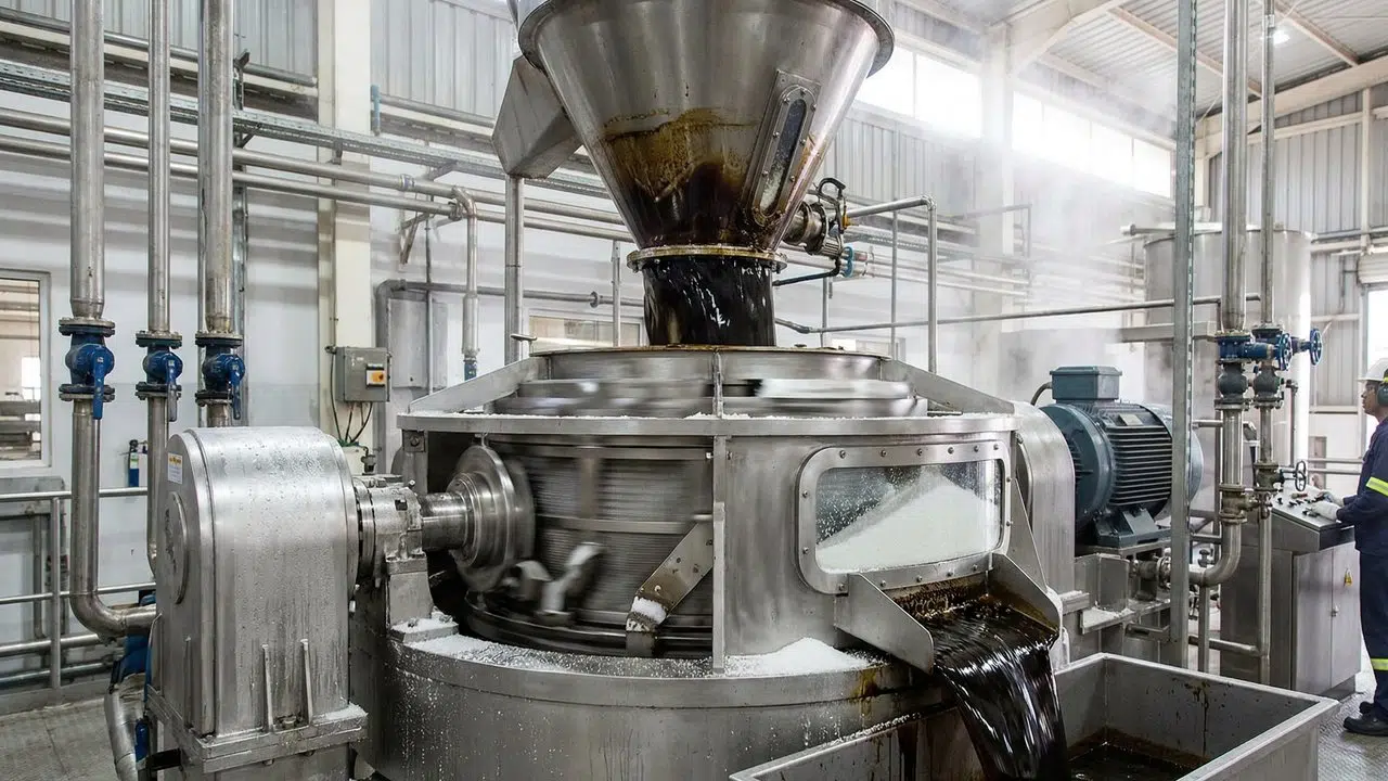 Com a moagem de toneladas de cana e a centrifugação em alta velocidade, a indústria transforma o caldo bruto em cristais de açúcar brancos e puros