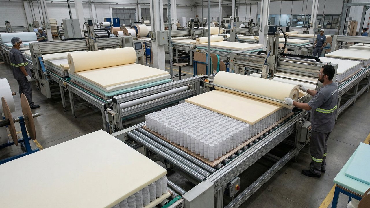 Com blocos de espuma de 60 metros e 800 molas ensacadas, a indústria fabrica o colchão que suporta o peso do corpo com precisão milimétrica