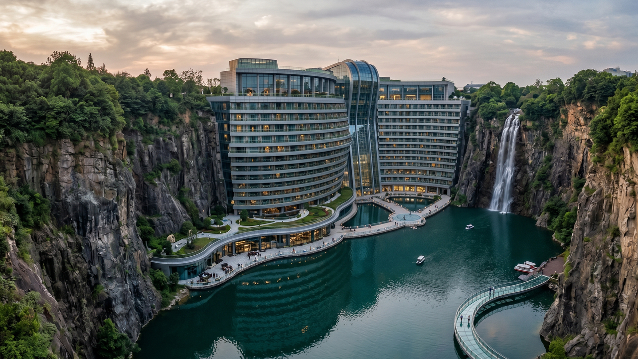 O luxuoso resort de 1 bilhão de dólares construído inteiramente debaixo da terra dentro das paredes de uma pedreira abandonada com 18 andares impressionantes e quartos que ficam completamente submersos na água do lago
