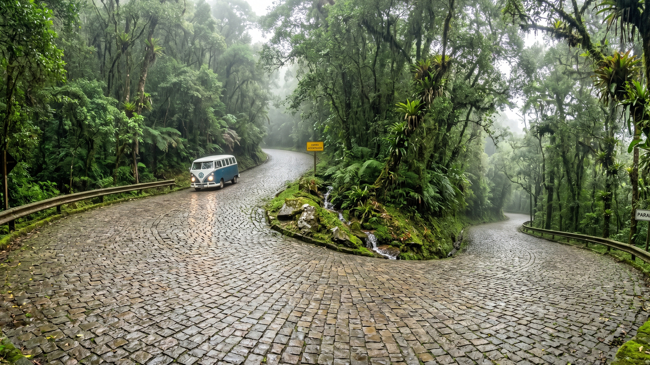 Motoristas que descem a serra paranaense em dias de chuva redobram a atenção ao escorregar nos paralelepípedos centenários cercados por neblina densa e curvas sinuosas