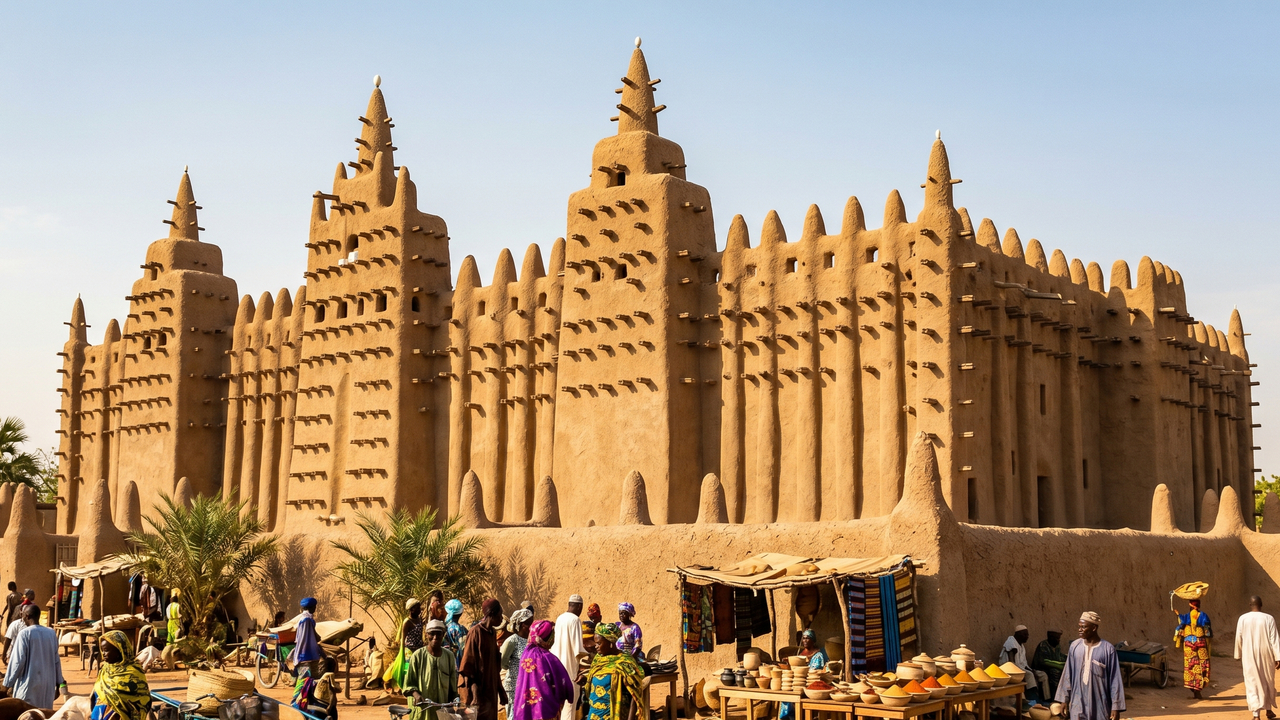 O imenso e milenar edifício de barro do planeta construído por milhares de pessoas no coração da África que precisa obrigatoriamente ser rebocado todos os anos pela população local para não derreter completamente com a chuva