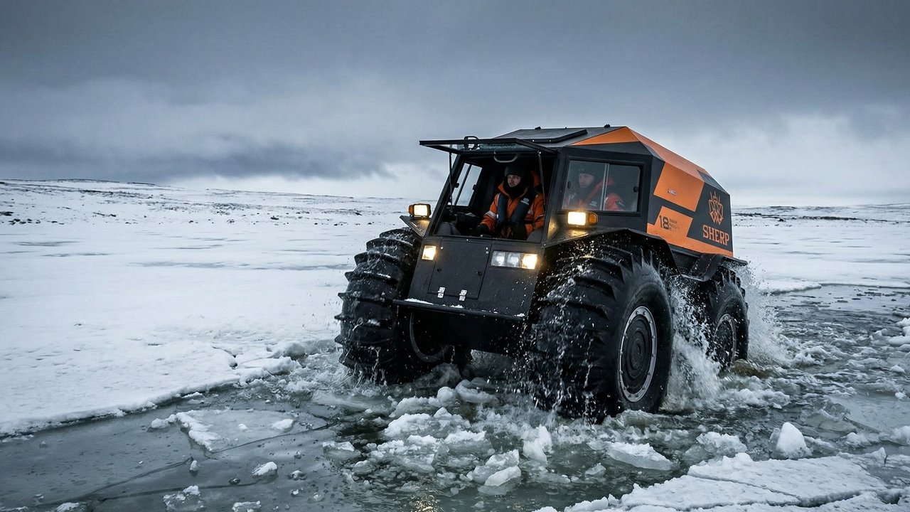 O jipe de resgate com pneus do tamanho de um adulto que não atola, flutua na água e consegue escalar paredes de gelo