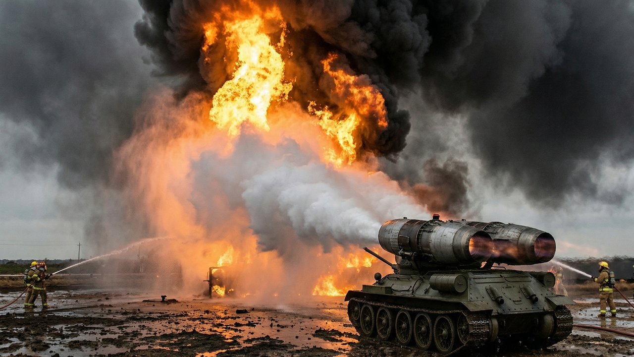 O caminhão de bombeiros bizarro feito com motores de caça a jato para apagar chamas de poços de petróleo