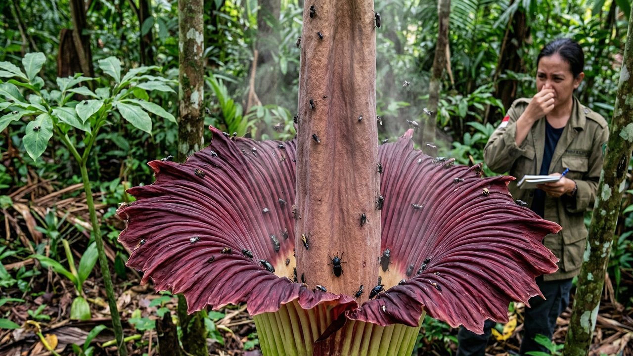 Com até 3 metros de altura e o forte odor de carne podre, a flor-cadáver da Indonésia é a planta mais fétida e imponente da natureza