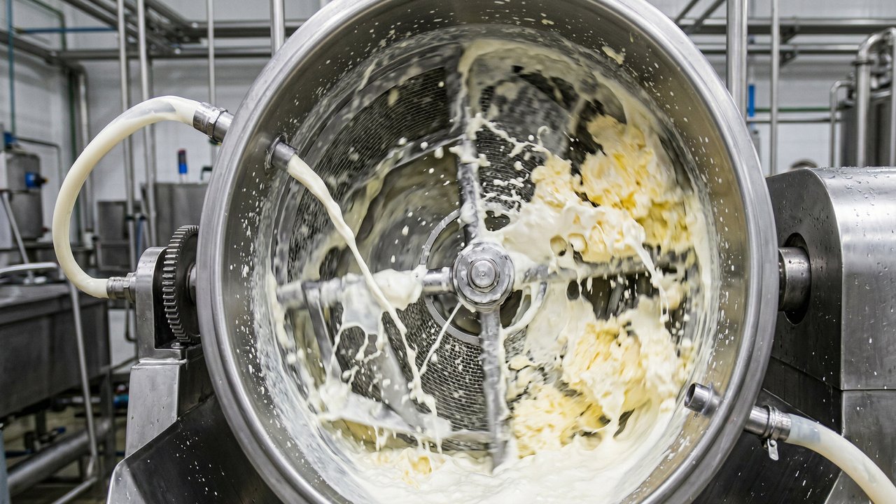 Com centrífugas de alta rotação e batimento em cilindros de aço, a fábrica separa a gordura do leite, transformando o creme na manteiga de consumo