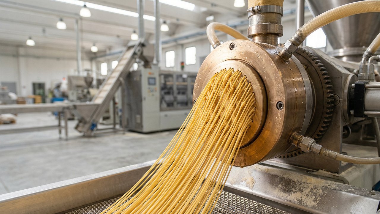 Com misturadores a vácuo e secagem controlada em túneis térmicos, a indústria transforma o trigo sêmola em macarrão, garantindo a textura ideal
