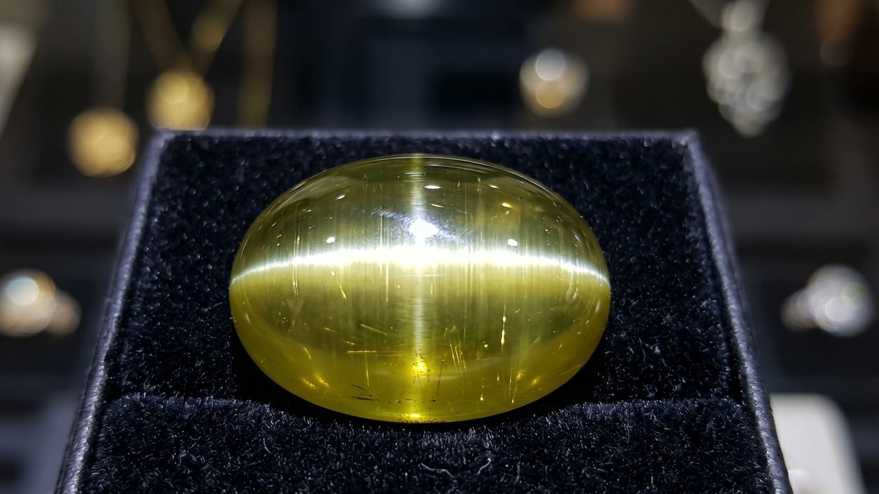 Esqueça o brilho comum, pois este mineral exibe um fenômeno óptico chamado chatoyancy que cria um risco luminoso único no centro