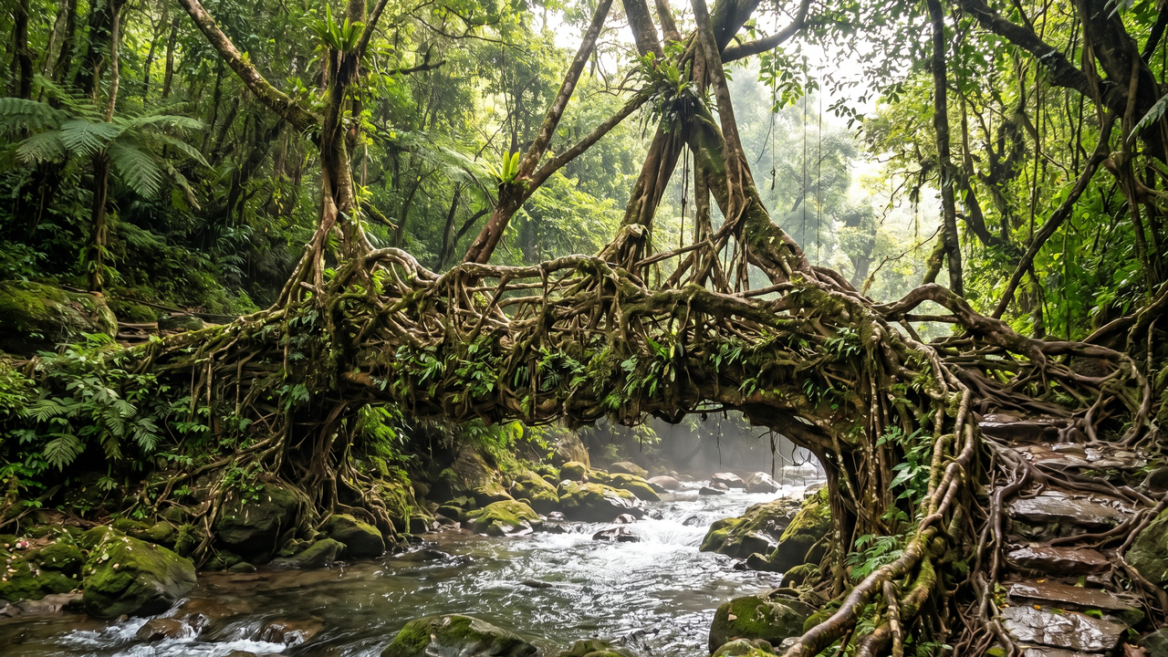 A bioengenharia constata que as pontes tecidas há 500 anos com a técnica indiana de guiar raízes vivas de figueiras não se tornam ruínas apodrecidas pela selva: elas desenvolvem silenciosamente algo que a maioria das estruturas de aço nunca precisou desenvolver, a capacidade orgânica de devorar a humidade e ficar mais inquebráveis a cada ano que passa, sem usar um único pilar de betão