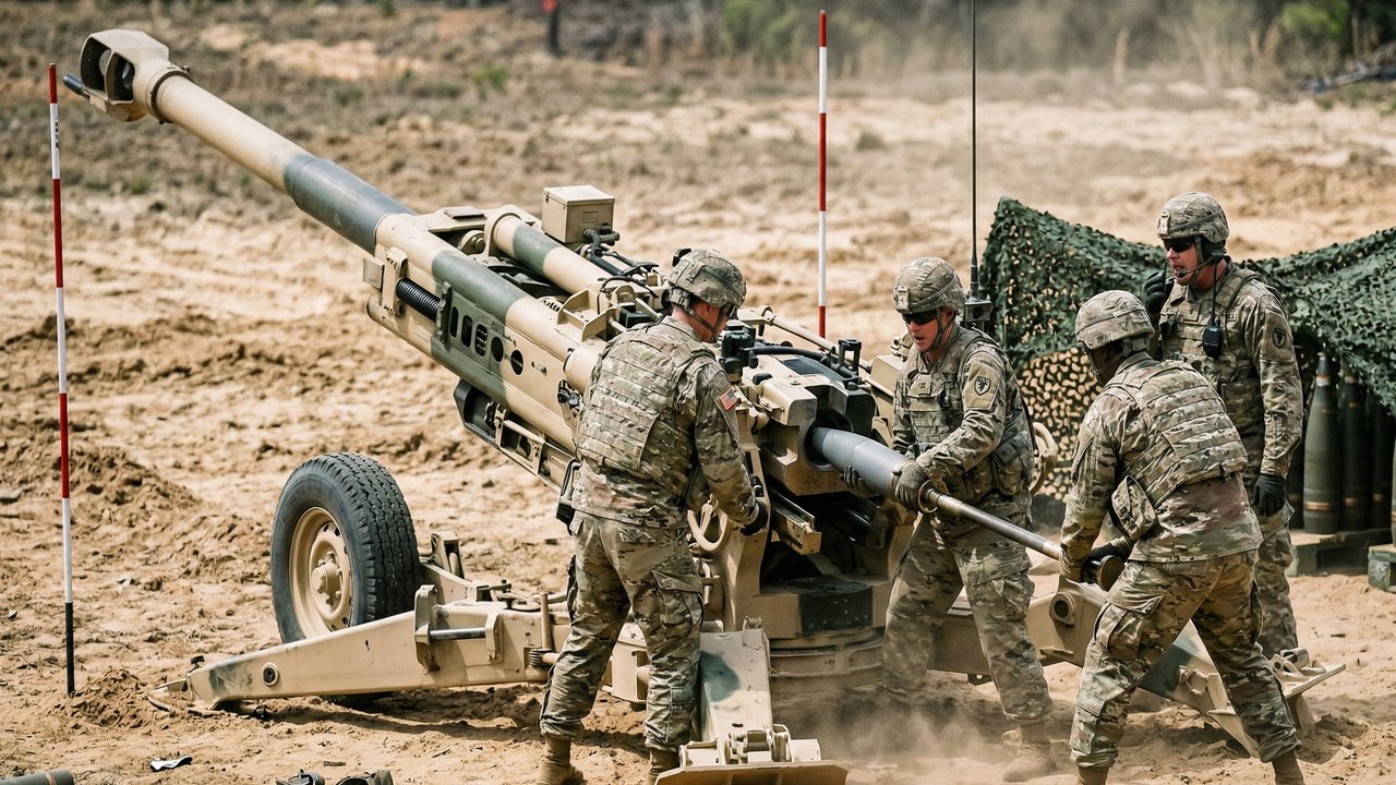 Com sua estrutura de titânio pesando apenas 4.200 kg, o obuseiro M777 dispara projéteis de 155 mm com precisão digital e pode ser içado por helicópteros