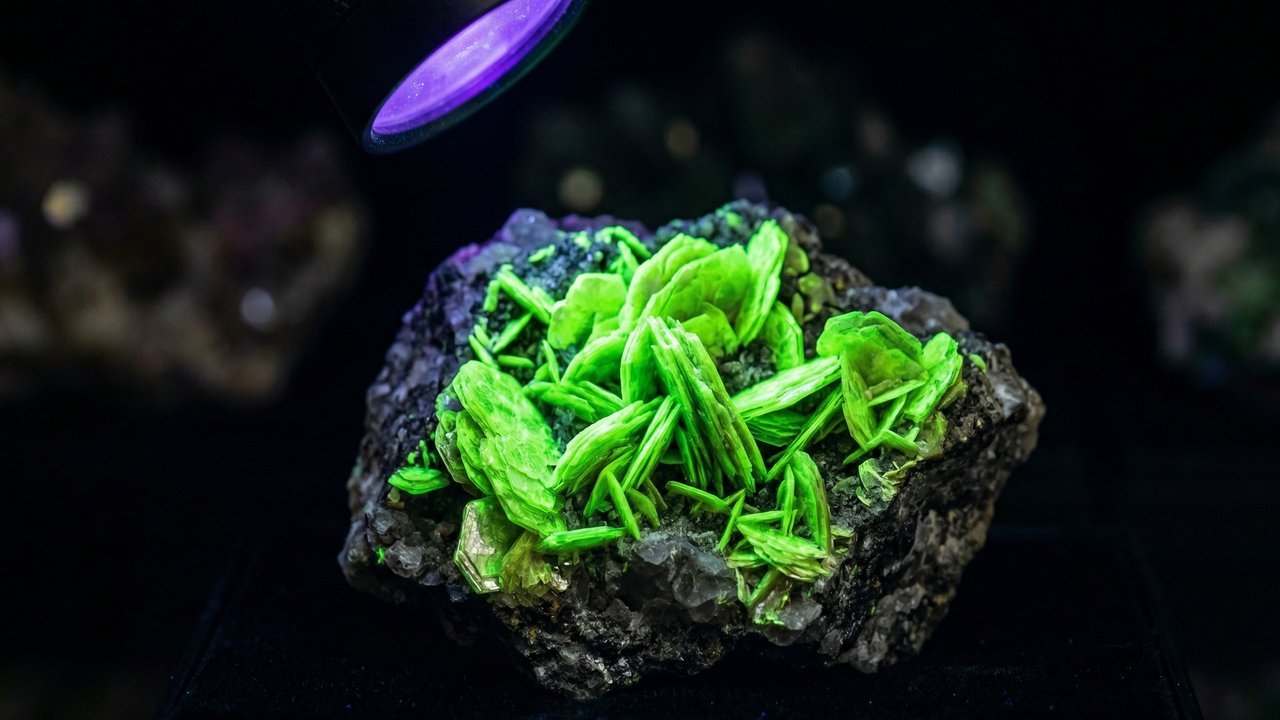 Esqueça o brilho do neon, pois este mineral emite uma fluorescência intensa por conter urânio, sendo um dos exemplares radioativos mais fascinantes da geologia