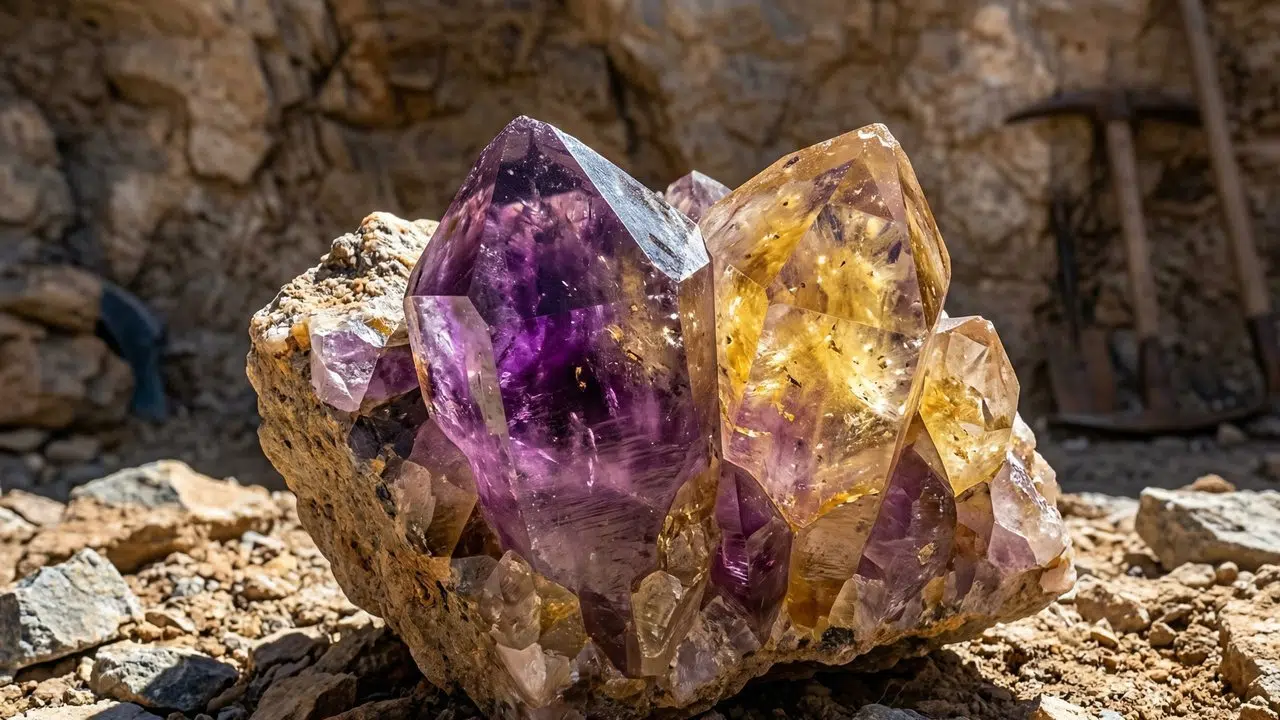 Encontrada em um único país no mundo, a fusão rara de ametista e citrino cria uma pedra de duas cores unida pela força da terra 