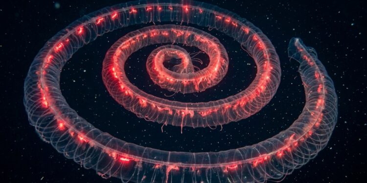 Você já imaginou uma criatura marinha quase duas vezes maior que uma baleia azul flutuando no escuro das profundezas?