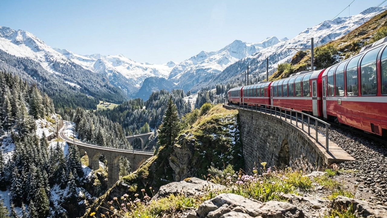 Com 291 pontes e 91 túneis em 291 km, a viagem no trem expresso mais lento do mundo atravessa os Alpes Suíços em uma experiência de luxo monumental