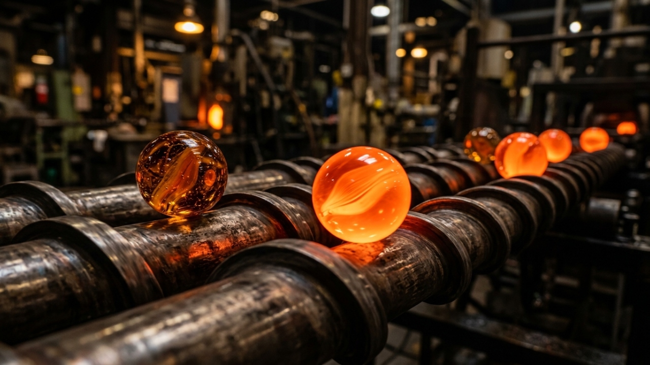 Com reciclagem de vidro e fusão a 1.000 graus, a indústria corta 4 gotas por segundo para fabricar mais de 1 milhão de bolinhas de gude por dia