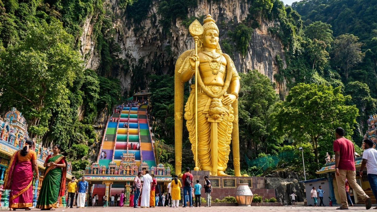 Com uma estátua dourada de 42 metros e cavernas calcárias, os templos de Batu na Malásia são centros de peregrinação de escala mundial