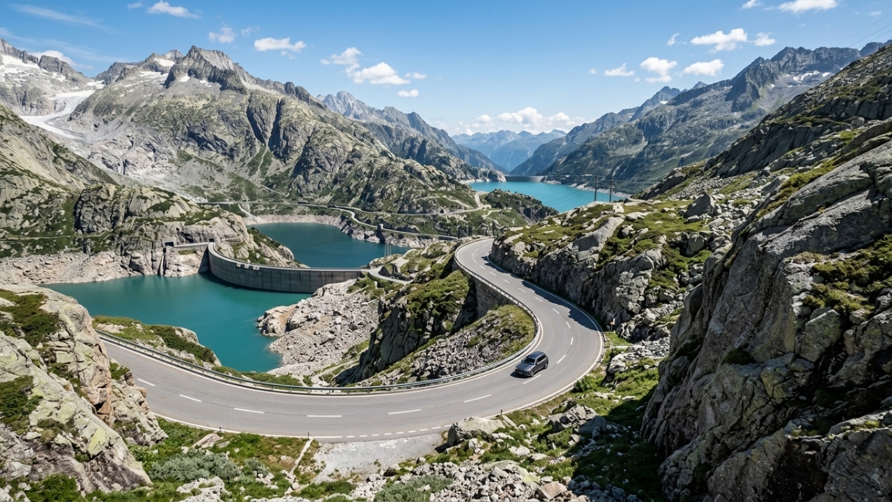 Com curvas a 2.164 metros de altitude, a estrada na Suíça atravessa montanhas de granito, sendo um marco da infraestrutura alpina
