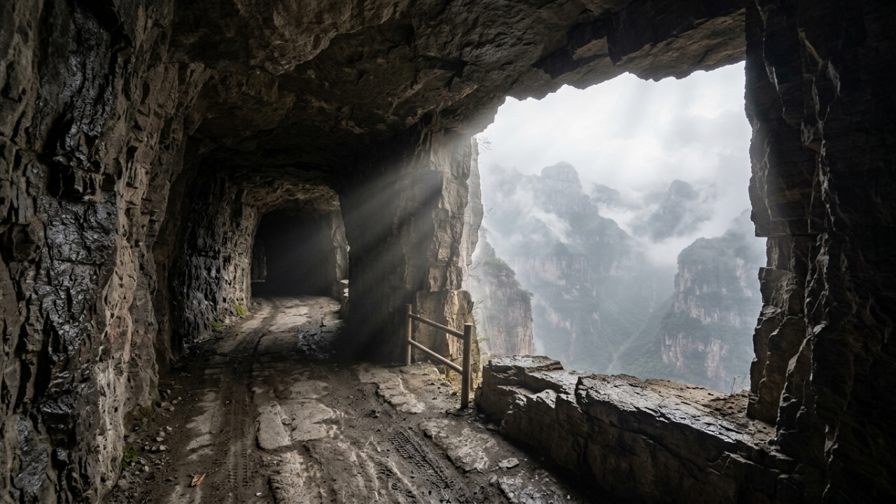Esculpido à mão em rocha sólida com 30 janelas naturais, o túnel chinês de 1,2 km ganha fama, pois sua obra de 1972 permitiu o acesso à vila