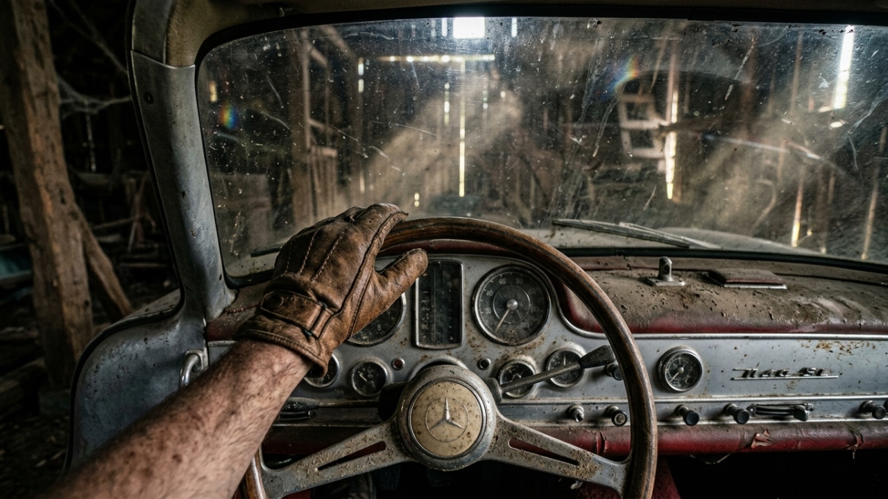 Localizada em um celeiro sob pilhas de madeira, a máquina alemã de portas asa de gaivota fabricada em 1955 vale dois milhões de dólares em abril