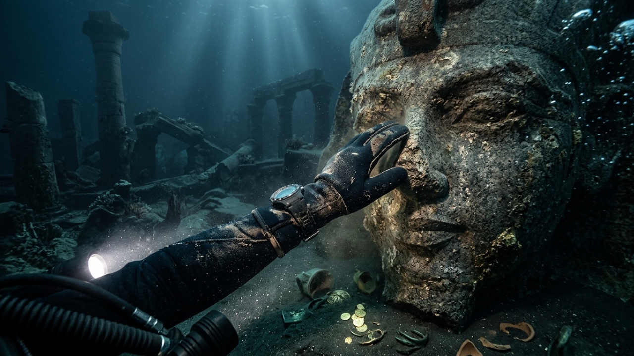 Mergulhadores acharam estátuas de cinco metros e templos de ouro na cidade submersa de Heracleion que ficou escondida sob o Mar Mediterrâneo por mais de um milênio inteiro