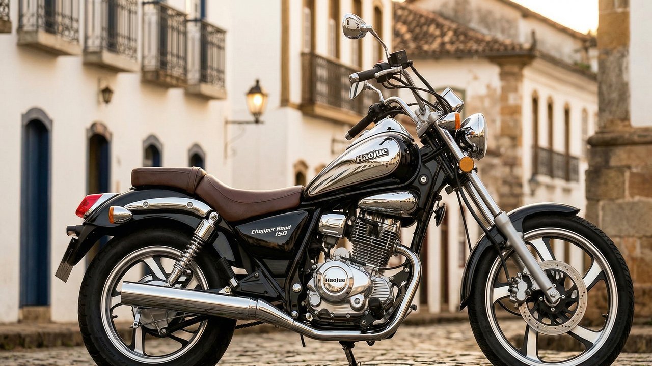 Com motor de 150 cc e freios CBS, a Haojue Chopper Road mantém o legado custom da antiga Intruder 125, focando na economia para o deslocamento urbano