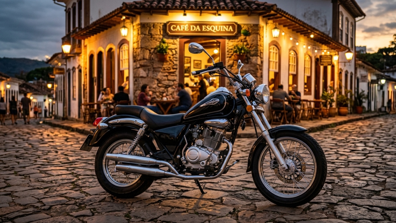 Com motor de 150 cc e freios CBS, a Haojue Chopper Road mantém o legado custom da antiga Intruder 125, focando na economia para o deslocamento urbano